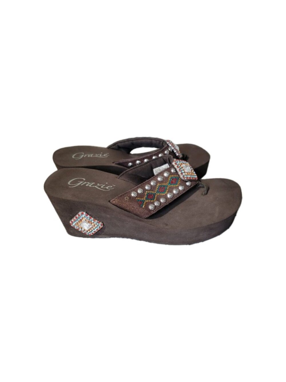 Grazie Sandals Womens Size 7.5 Brown Rhinestone Platform Wedge Thong Flipflop - Picture 3 of 11